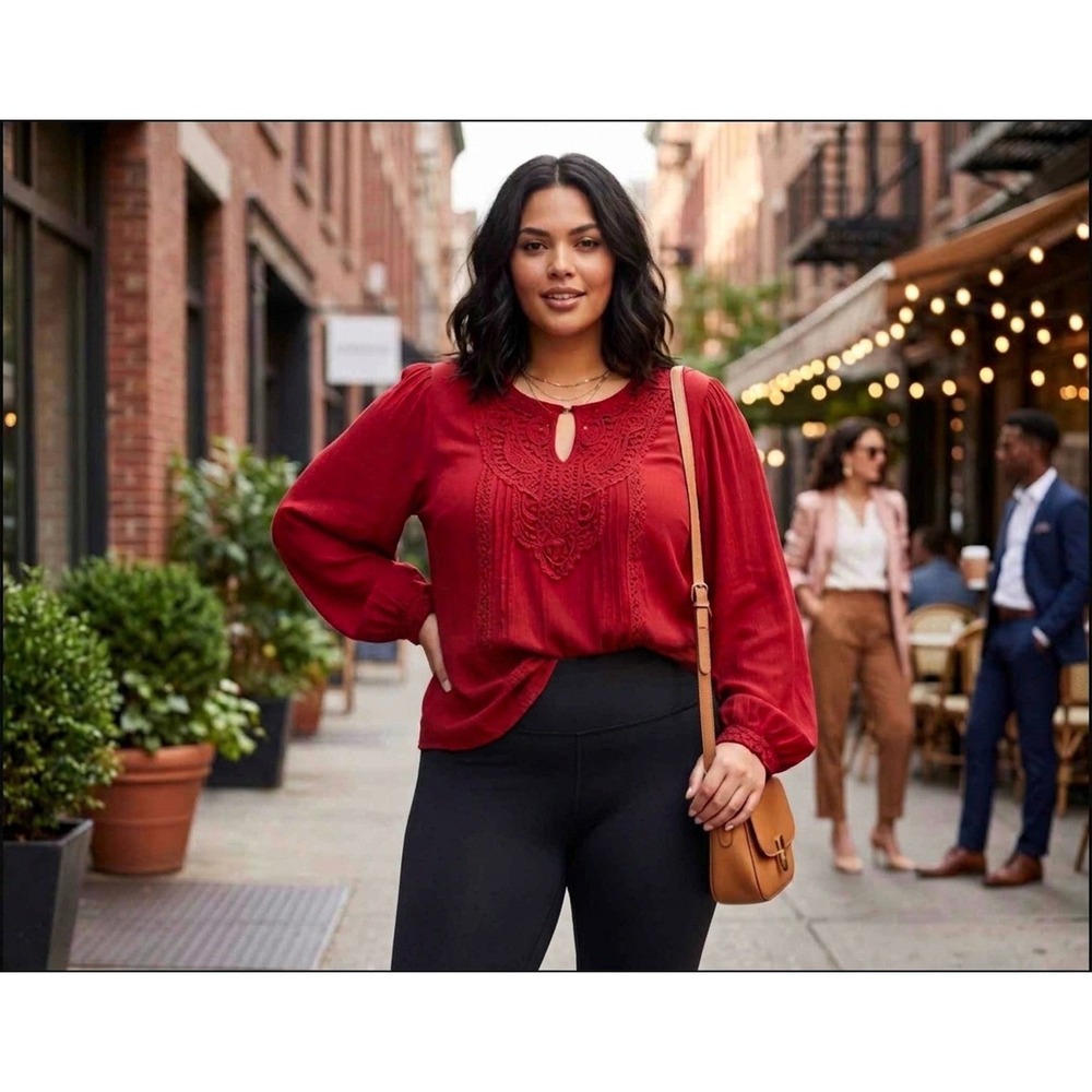 Torrid Lace Bib Blouse Womens 3 Red Boho Bishop Sleeve Crochet Keyhole Romantic